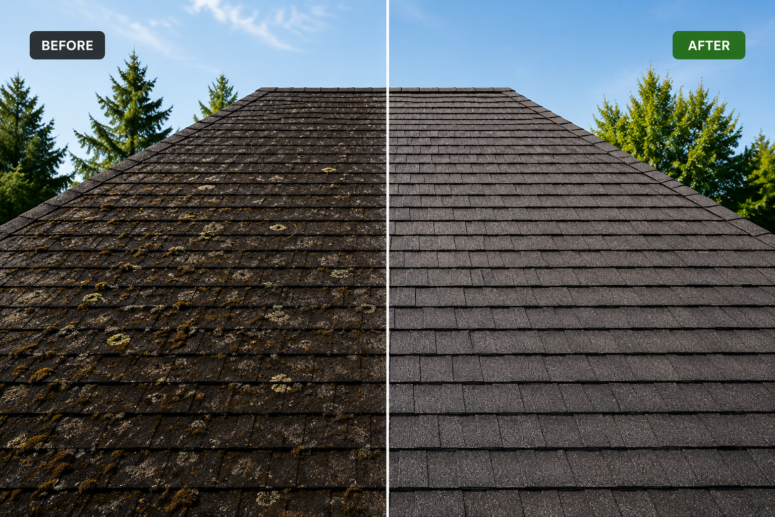 Before and after roof cleaning comparison showing moss-covered shingles on the left and clean shingles on the right